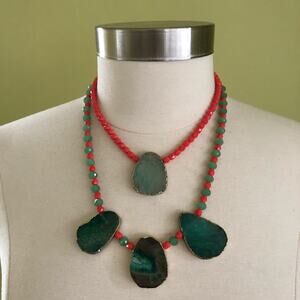Handmade Chunky Green Agate & Bead Statement Necklace Boho Festival